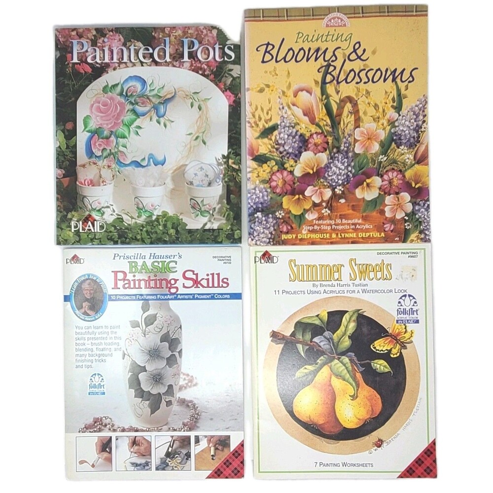 LOT: 4 Acrylic Painting Books Painting Blooms & Blossoms + 3 PLAID Floral & Folk
